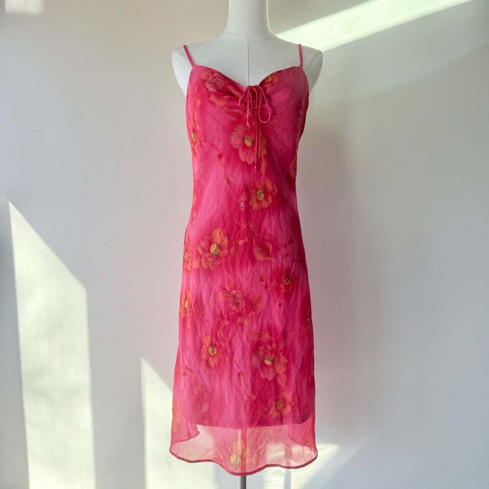 Vintage Y2K Hot Pink Floral Sheer Overlay Slip Dress with Ruched Tie Bust